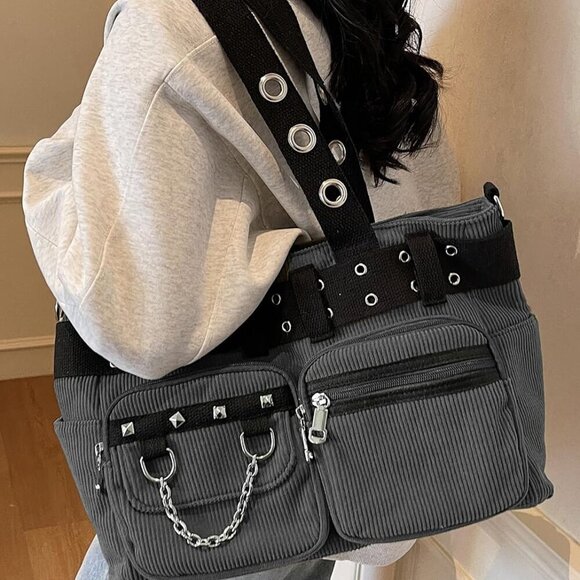 Corduroy Tote Bag Goth Bags for Women Large Gothic Goth Purse for College Work O - Picture 2 of 7